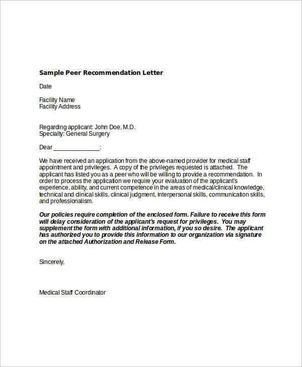 sample peer recommendation letter 