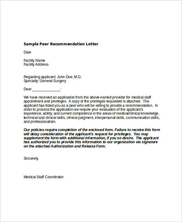 Peer Letter Of Recommendation Template Peer Letter Of Recommendation 8157