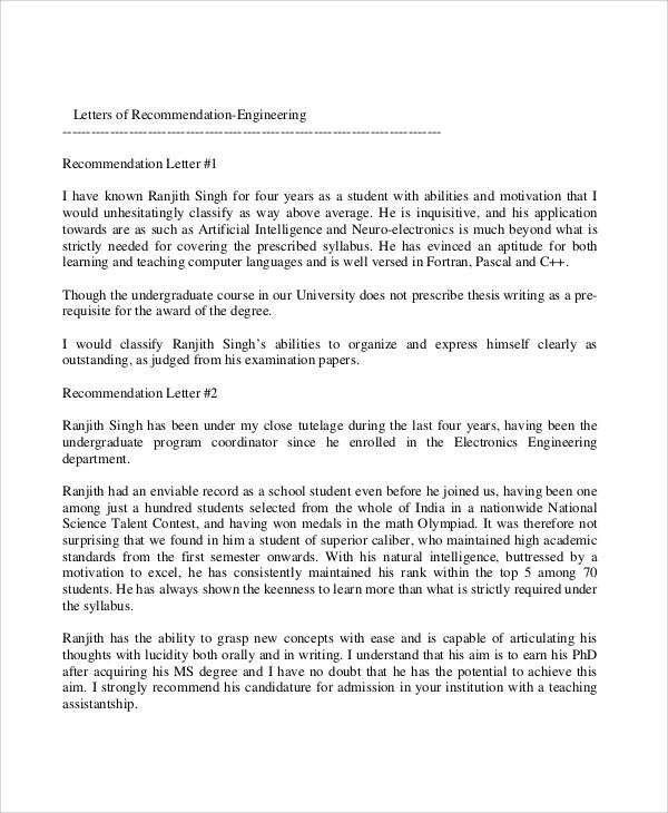 professional engineer recommendation letter