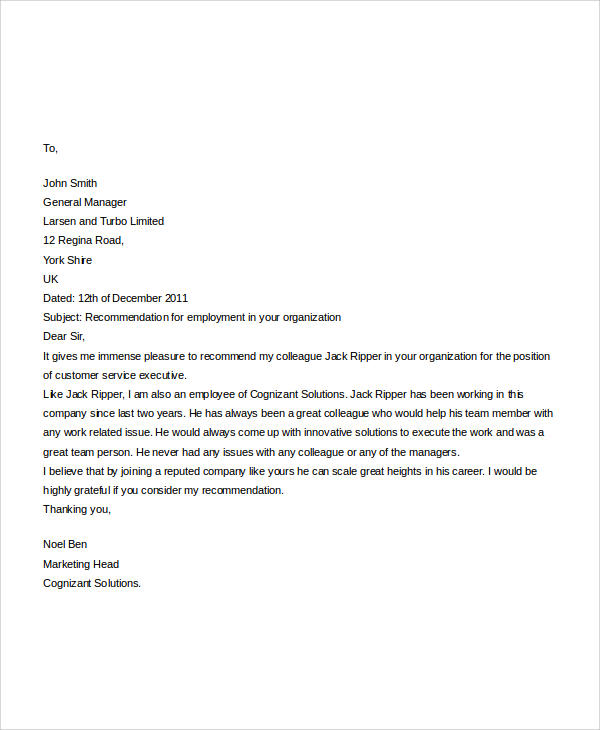 Recommendation Letter Template For Employee from images.sampletemplates.com
