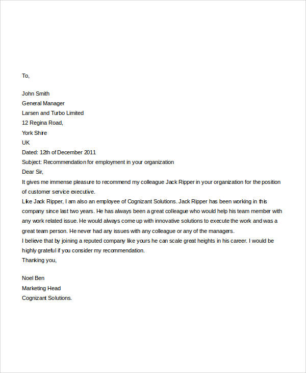 Professional Reference Letter For Employee