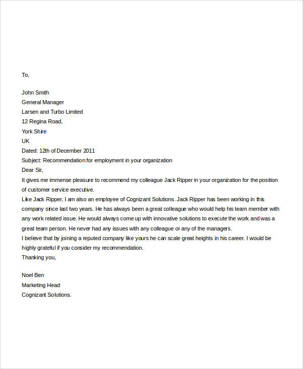 professional employee recommendation letter