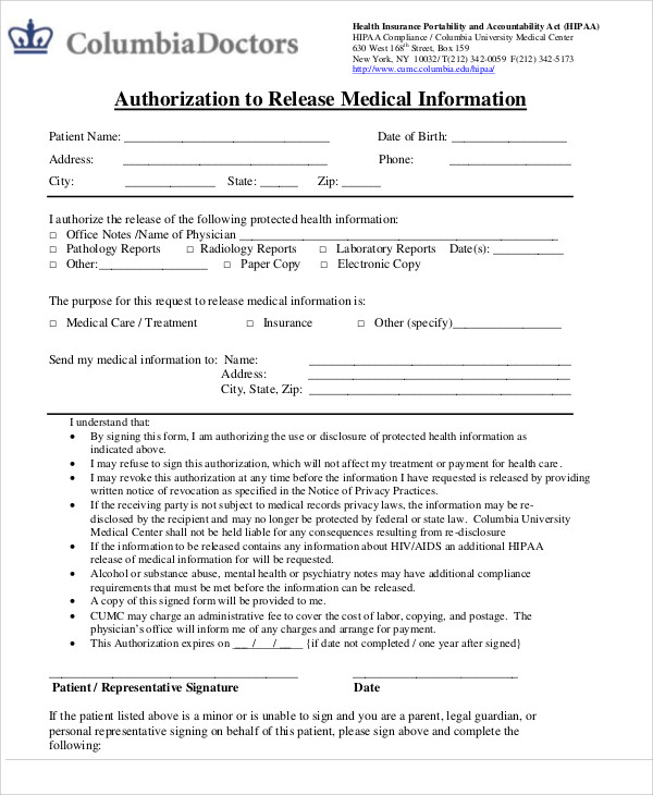 patient medical information release form
