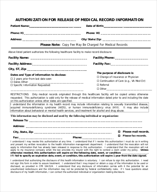 medical records authorization release form