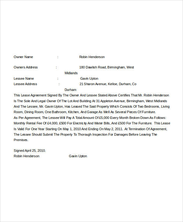 rental lease agreement letter