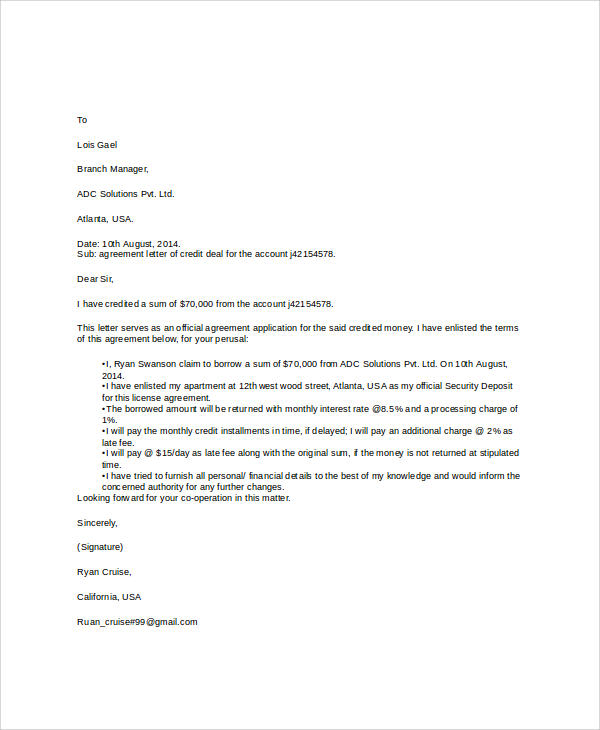 credit payment agreement letter