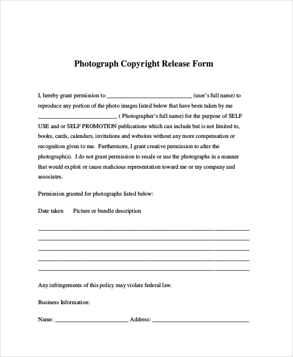 generic copyright photo release form