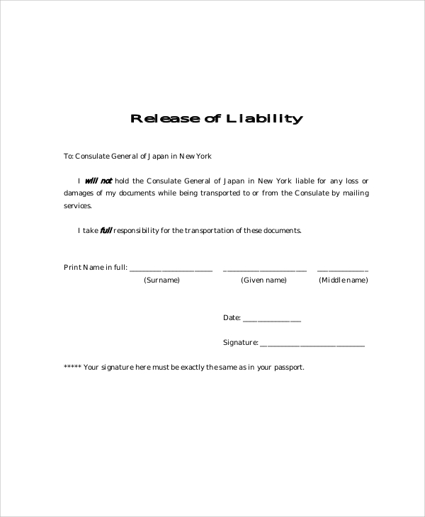 FREE 9 Sample Release Of Liability Forms In MS Word PDF