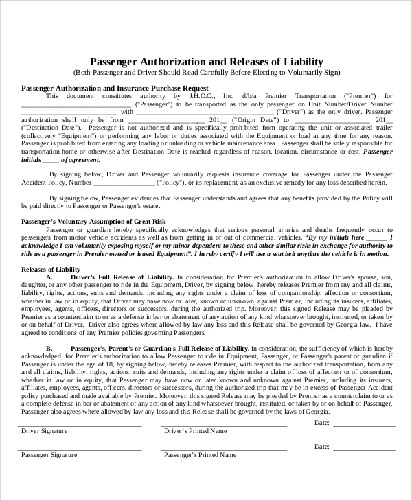 passenger release of liability form sample