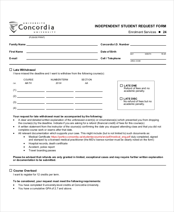 independent student request form