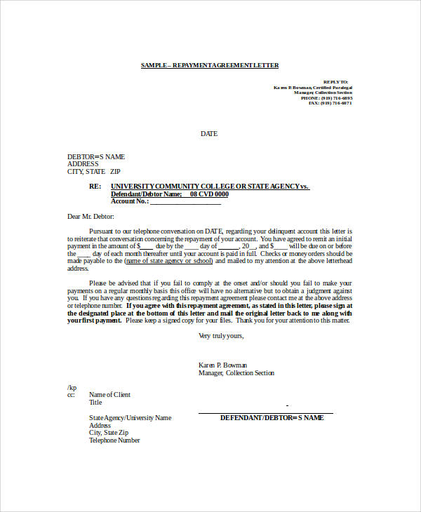 repayment agreement letter format