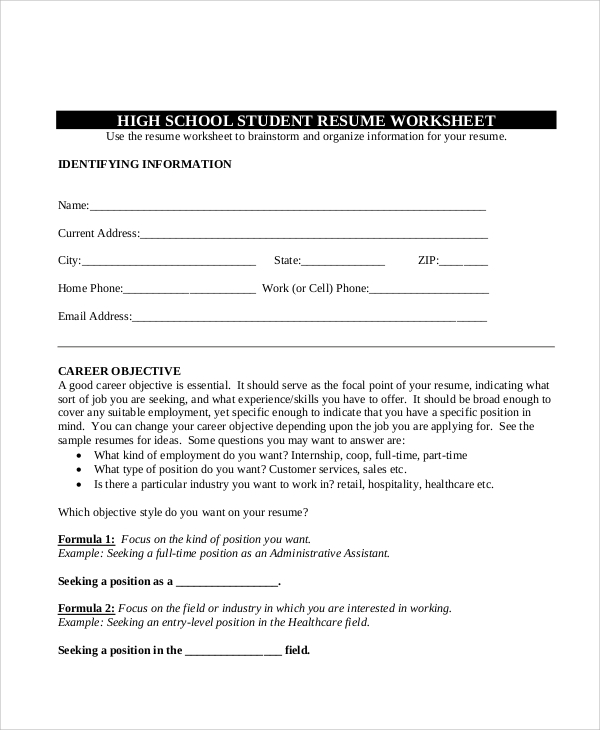 teenage resume worksheet example