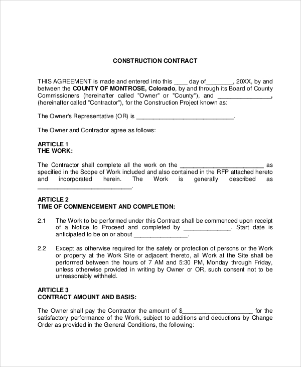 standard construction contract agreement