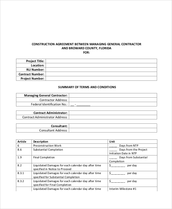 Printable General Contractor Contract Construction Contract Template 