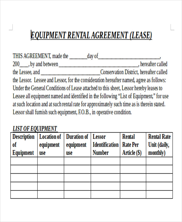 short term equipment rental agreement