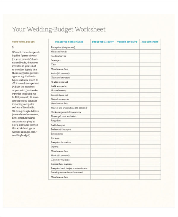 wedding budget planner printable sample