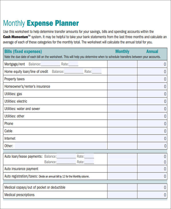 monthly expenses planner sample