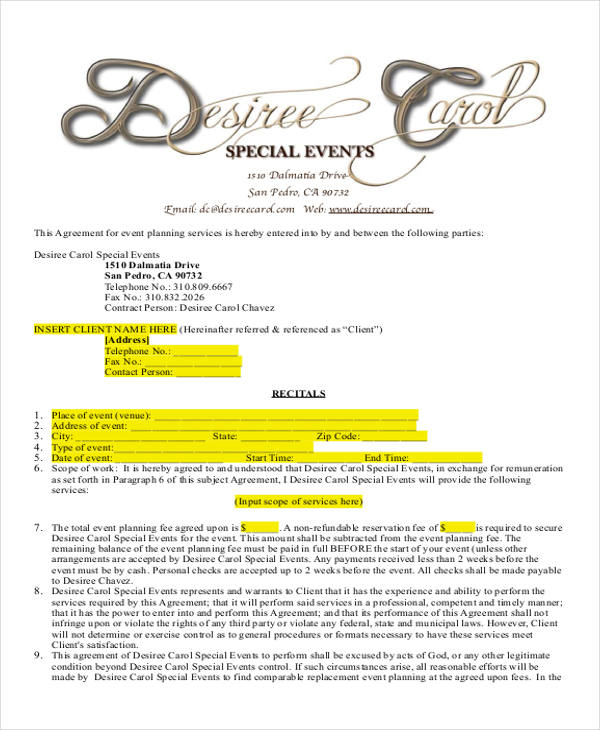 FREE 14+ Event Planner Contract Samples in MS Word PDF Google Docs