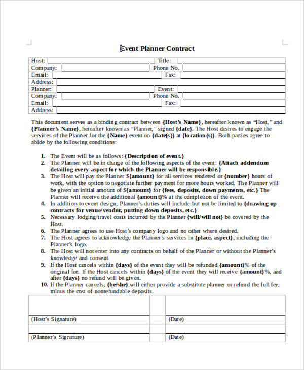 FREE 14  Event Planner Contract Samples in MS Word PDF Google Docs