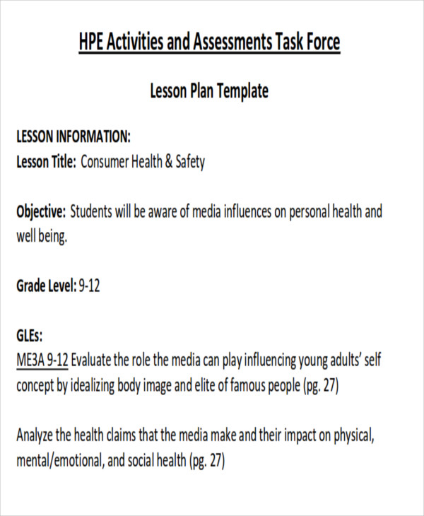 health and safety lesson plan example