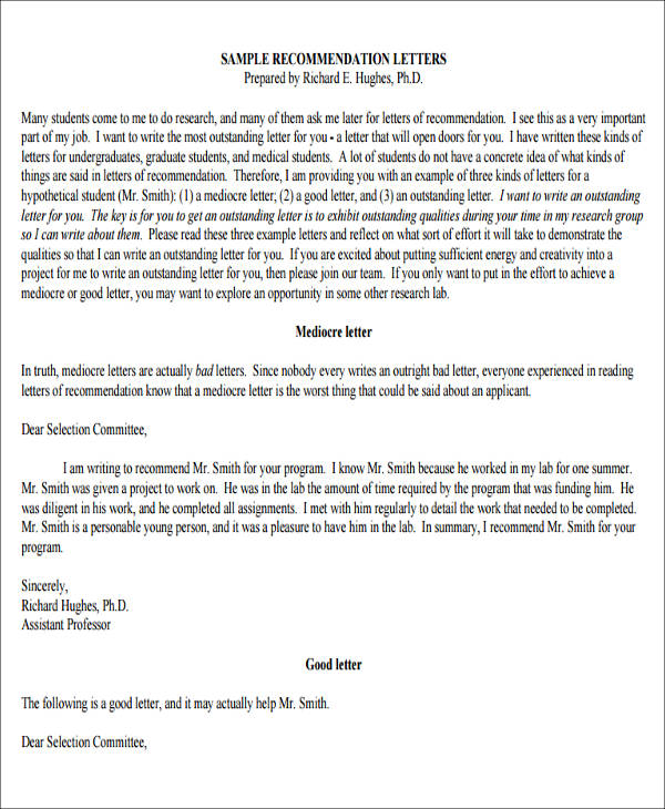examples of formal letter of recommendation