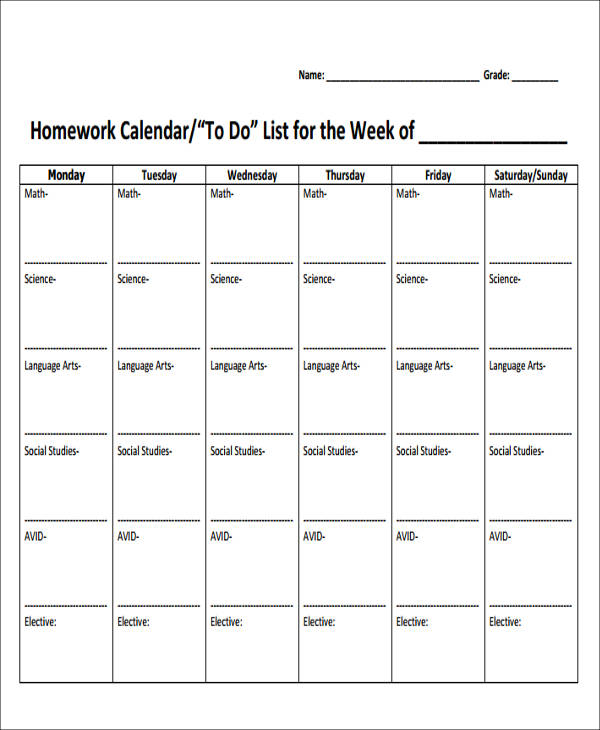 free sample weekly homework calendar