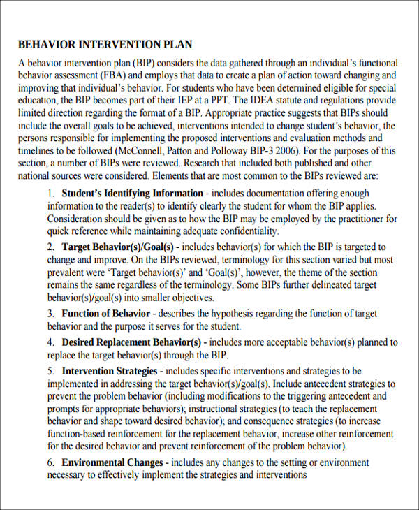 sample behavior intervention plan