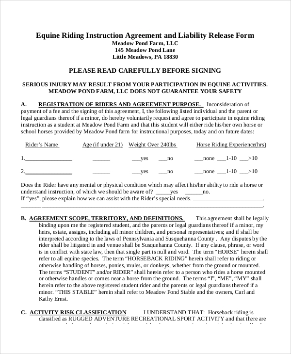 Printable Free Horseback Riding Release Form Printable Templates