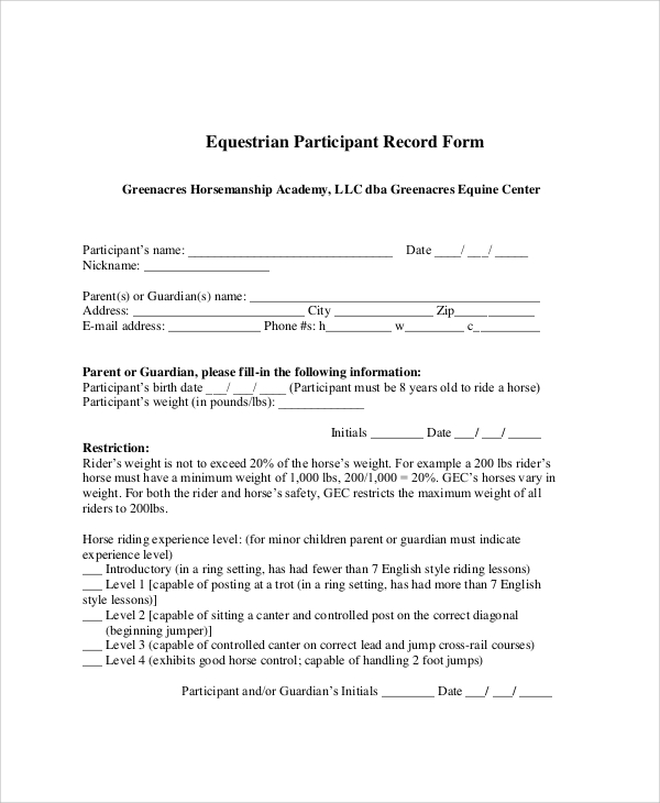 Horse Riding Release Form Template