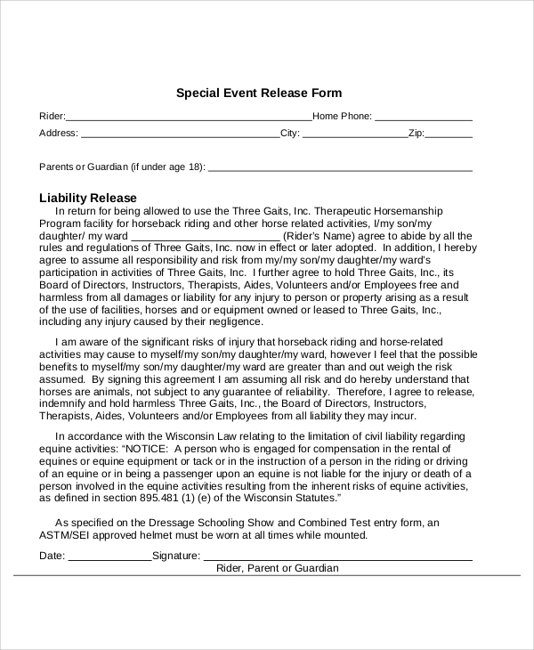 equine rider release form example