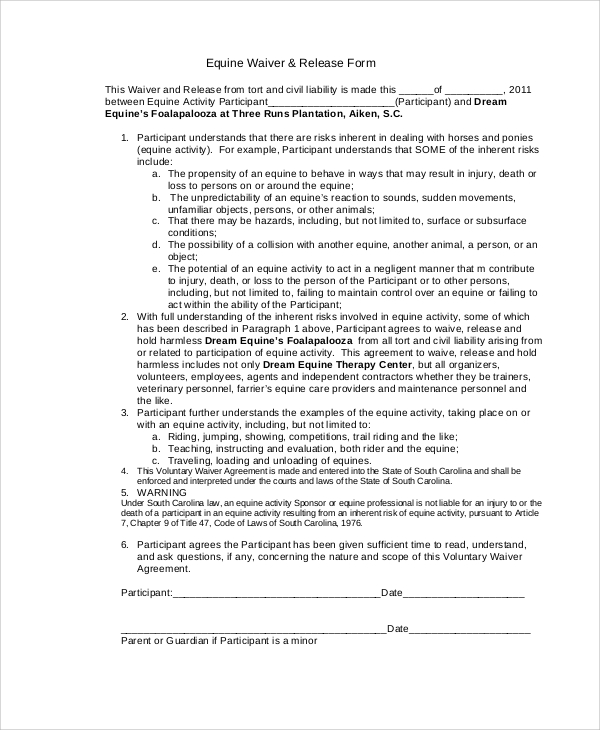 equine waiver and release form