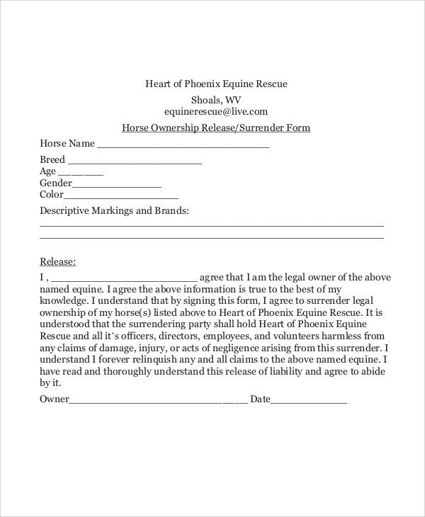 equine ownership release form