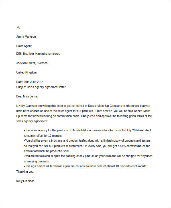 sales agency agreement letter
