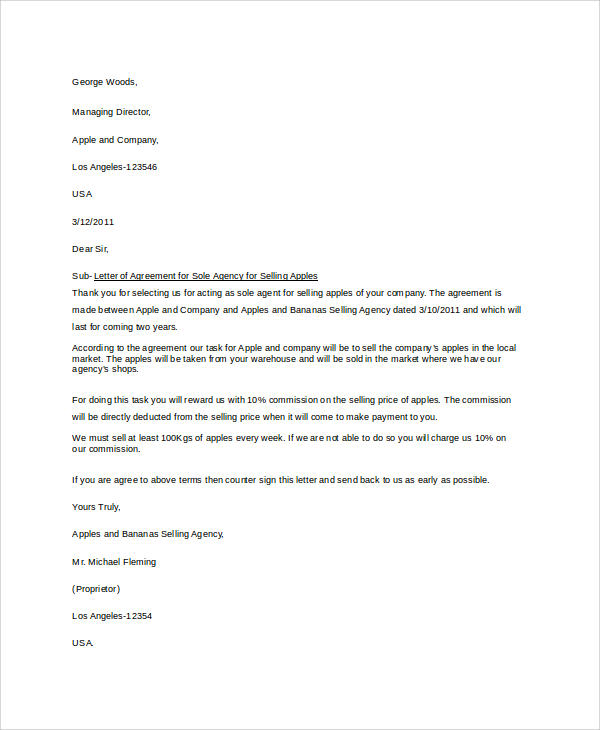 sole agency agreement letter