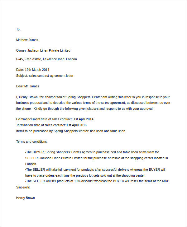 sales contract agreement letter