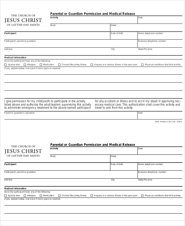 Permission And Medical Release Form Lds