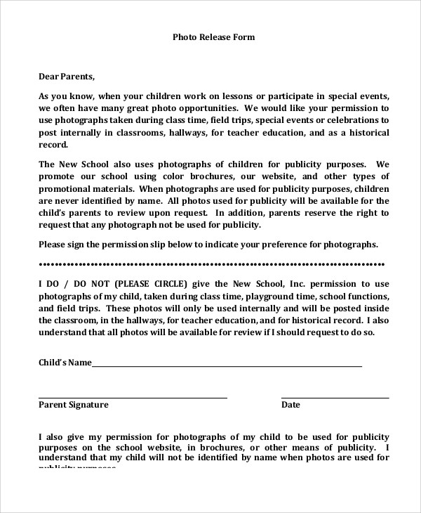 parent photo release form example