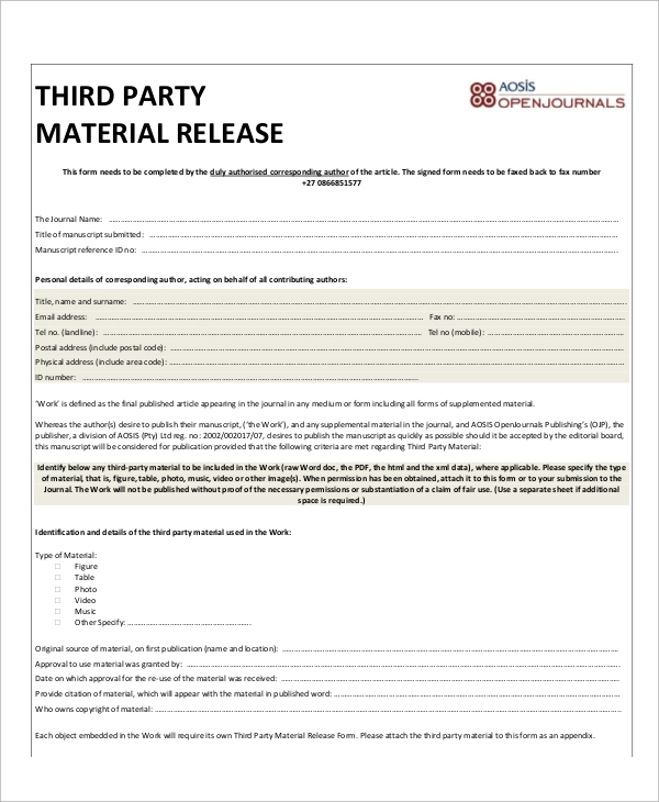 FREE 8 Sample Material Release Forms In MS Word PDF