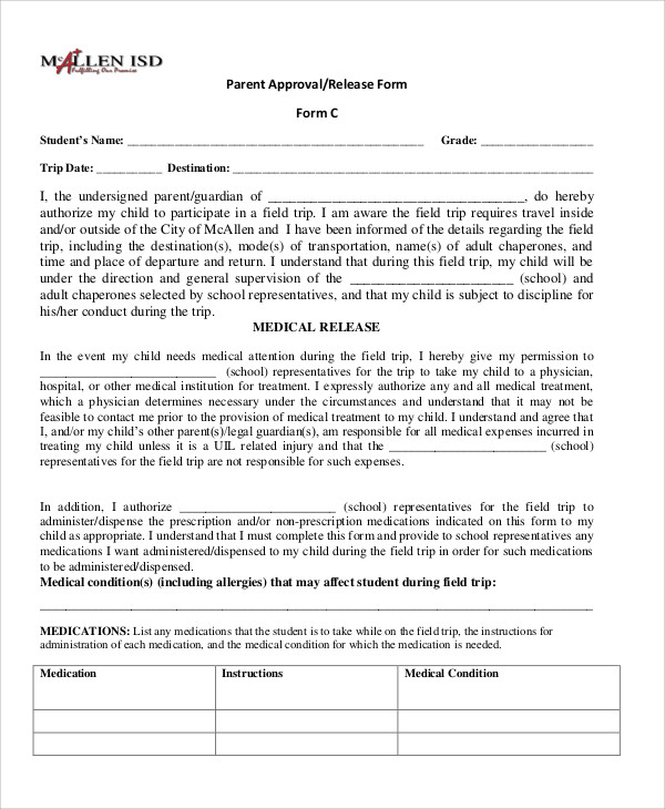 school parent release form