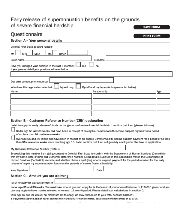 financial hardship benefit release form