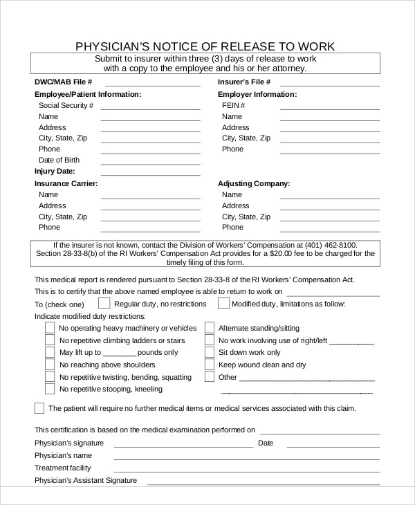 sample physician work release form