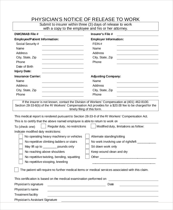 Release Doctor Printable Return To Work Form 2717