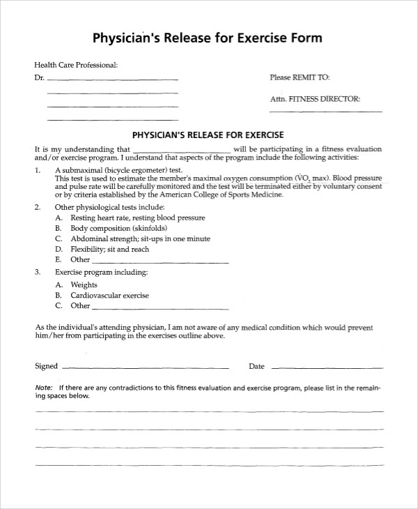 physician release exercise form