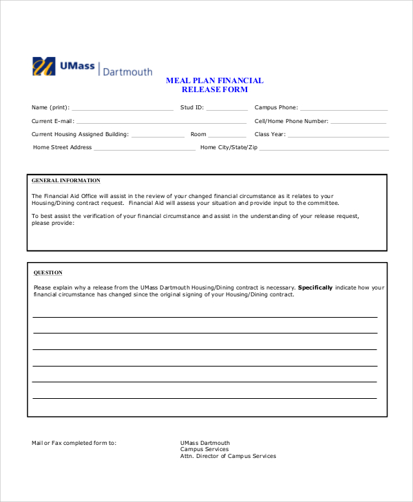 meal plan financial release form