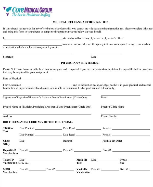 Free 9 Sample Physician Release Forms In Ms Word Pdf 0289