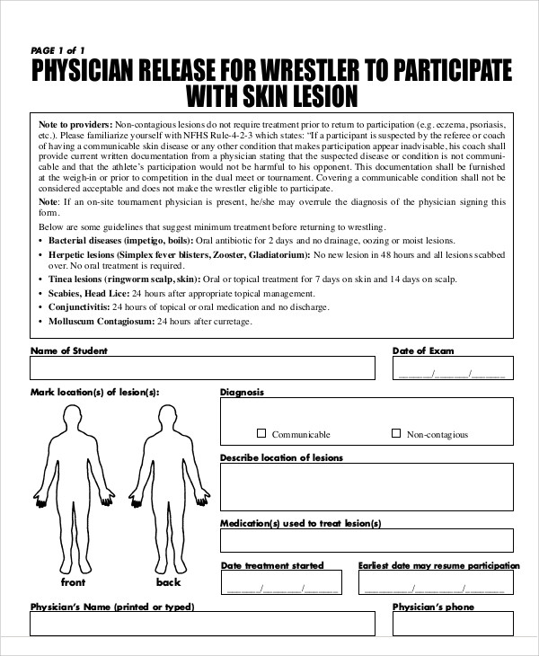physician release form for wrestler