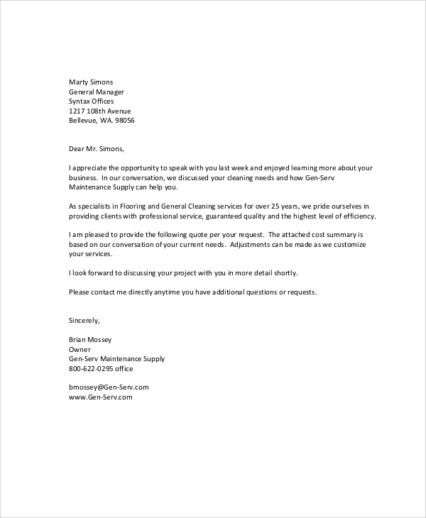 free cleaning business proposal letter