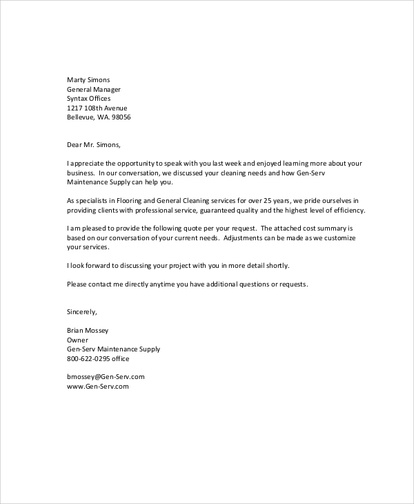 Sample Proposal Letter For Cleaning Services