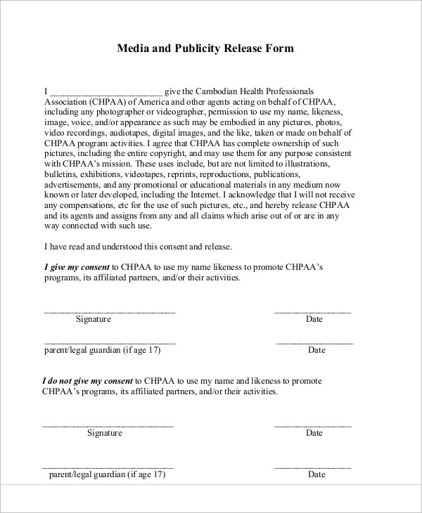 media and publicity release form