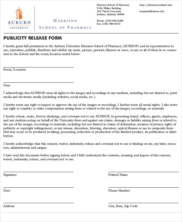publicity release form example